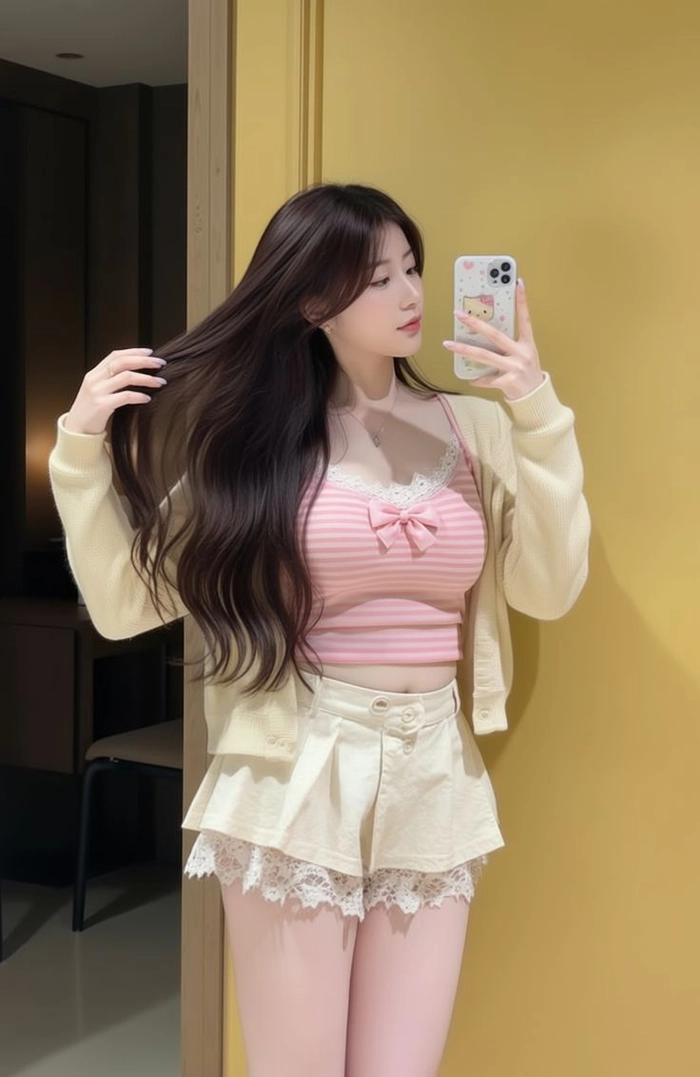 Ảnh gái xinh mặc pinky che mặt dễ thương