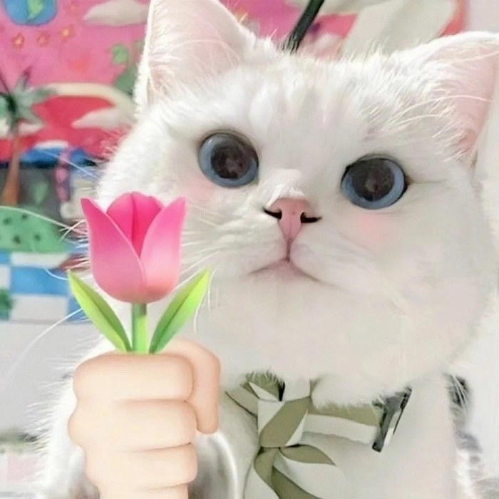 Ảnh meme con mèo cầm hoa nhìn là thấy yêu