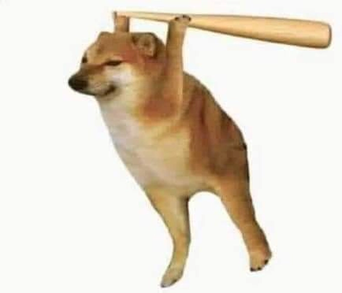 Meme con chó cầm gậy mang thái độ rõ ràng